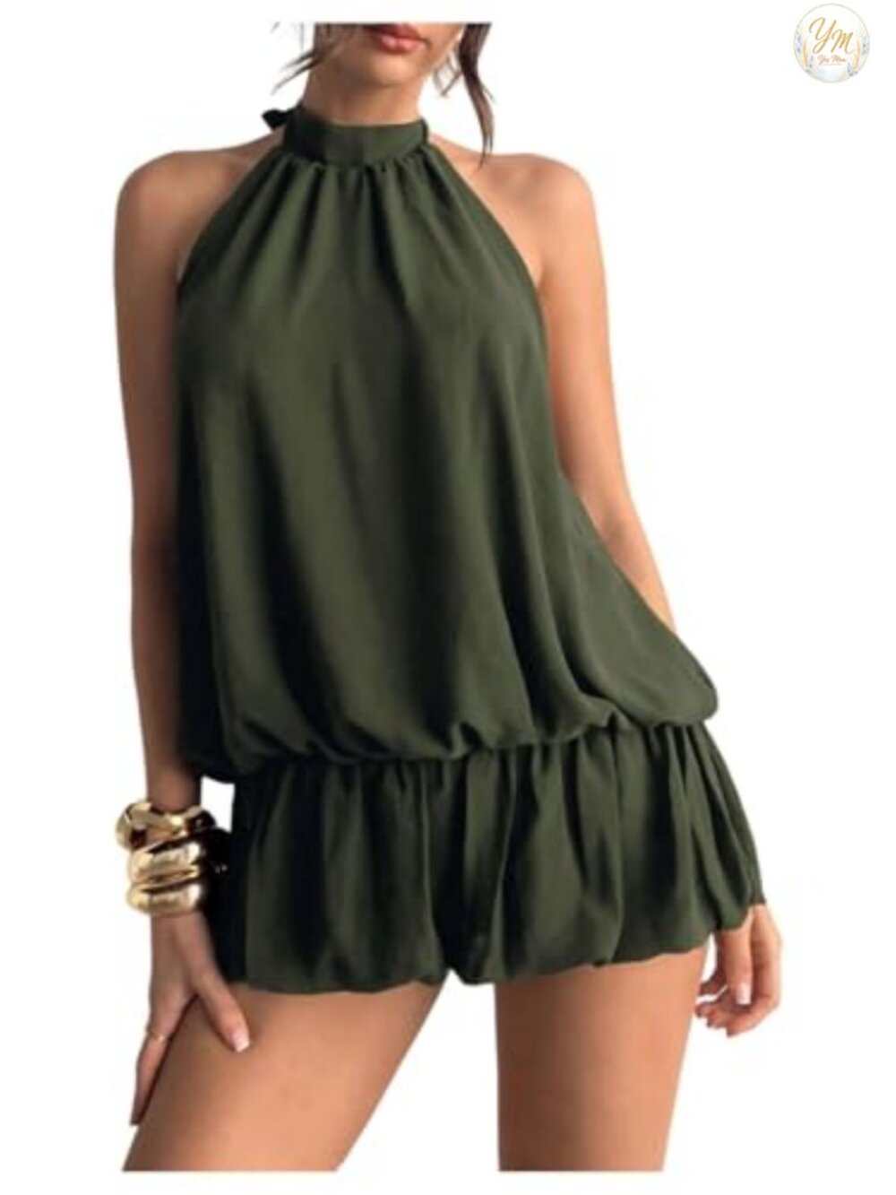 Floerns Halter Neck Sleeveless Backless Mesh Ruffle Hem Mini Dress